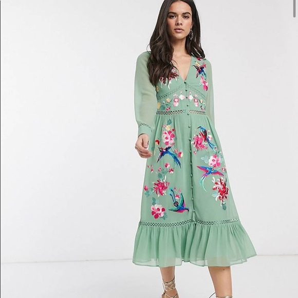 ASOS Dresses & Skirts - ASOS DESIGN embroidered midi dress in sage green